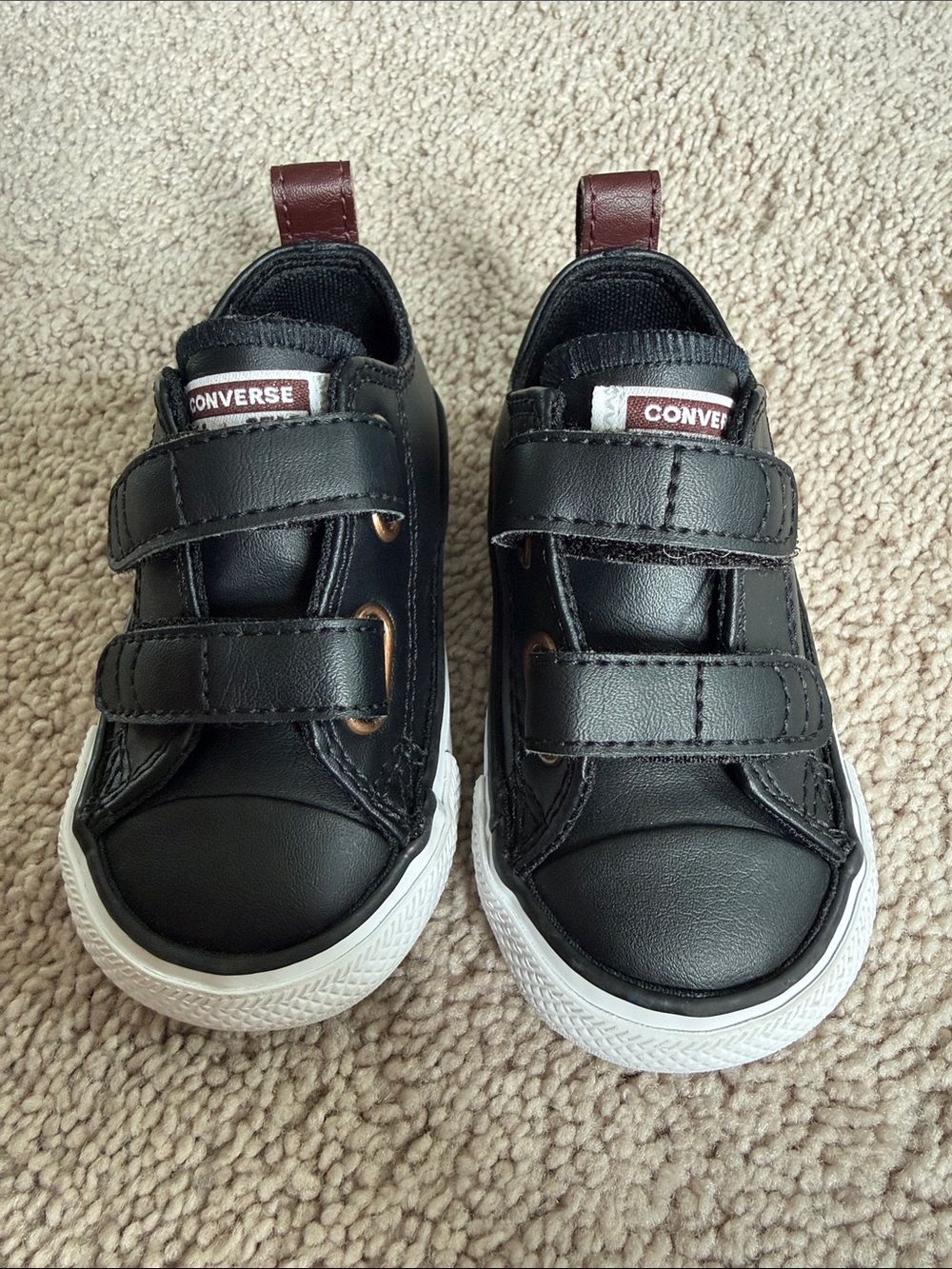 Baby Size 4 Converse Kids Black Leather Velcro Sneakers with Maroon Pull Tabs